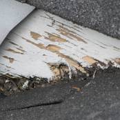 #15 Fascia will become damaged if proper flashings are not installed to divert water. It is not advisable to have carpentry terminate onto a roof because it will more likely than not wick water and lead to rot.